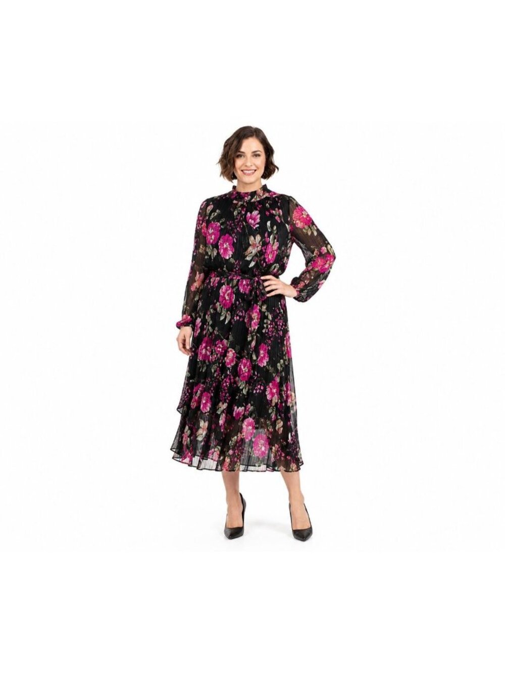 New Rachel Rachel Roy Size 12 Floral Tiered Midi Dress With Self-Tie Belt Black